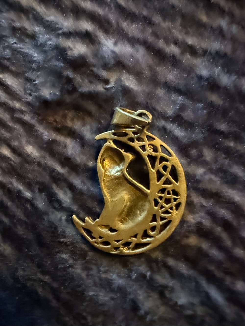 Brass Cat on Crescent Moon Pendant Necklace - Women's Jewelry - Picture 2 of 2